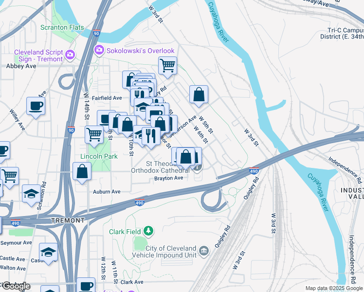 map of restaurants, bars, coffee shops, grocery stores, and more near 2464 West 7th Street in Cleveland