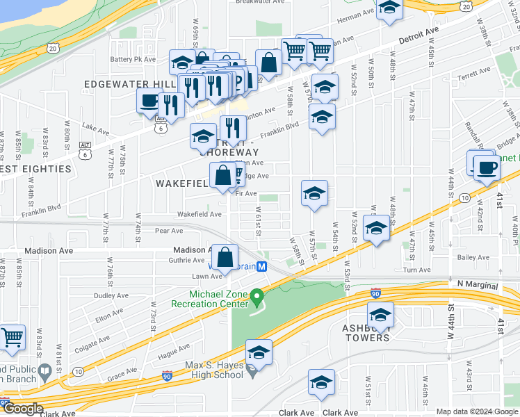 map of restaurants, bars, coffee shops, grocery stores, and more near 6205 Fir Avenue in Cleveland