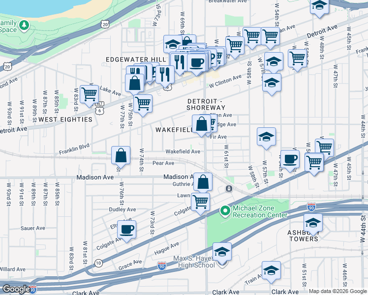 map of restaurants, bars, coffee shops, grocery stores, and more near 6711 Fir Avenue in Cleveland
