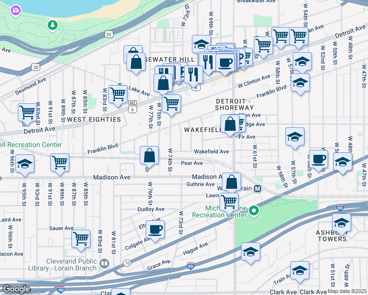 map of restaurants, bars, coffee shops, grocery stores, and more near 1922 West 73rd Street in Cleveland