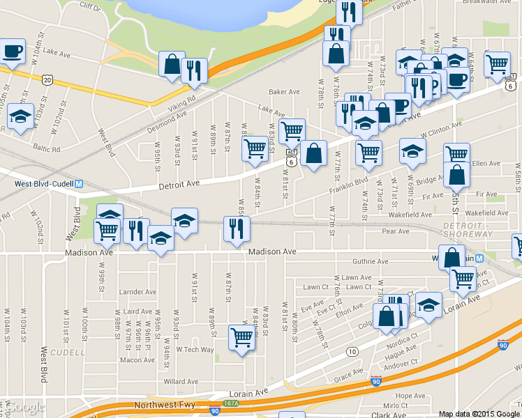 map of restaurants, bars, coffee shops, grocery stores, and more near 1446 West 84th Street in Cleveland