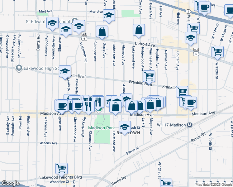 map of restaurants, bars, coffee shops, grocery stores, and more near 1581 Cohassett Avenue in Lakewood