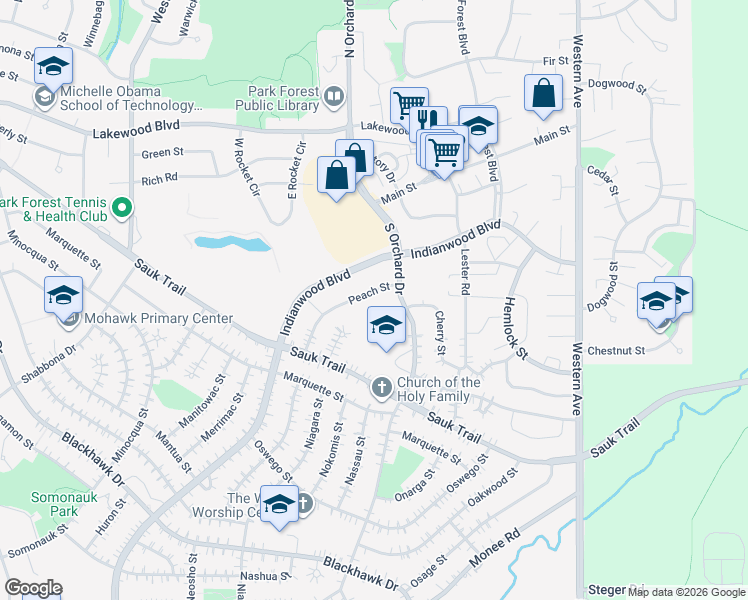 map of restaurants, bars, coffee shops, grocery stores, and more near 103 Peach Street in Park Forest