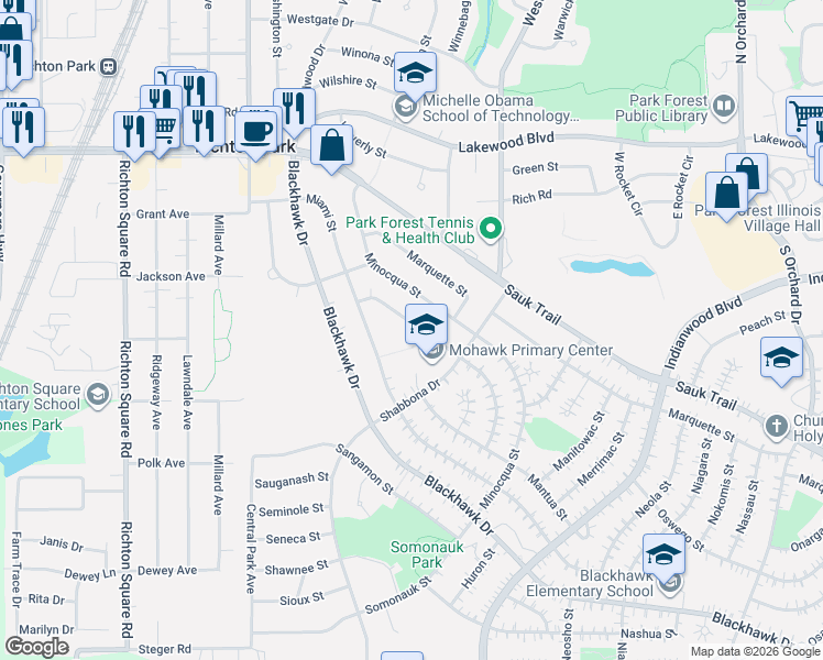 map of restaurants, bars, coffee shops, grocery stores, and more near 325 Mohawk Street in Park Forest