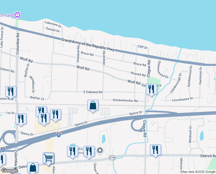 map of restaurants, bars, coffee shops, grocery stores, and more near 551 Upland Road in Bay Village