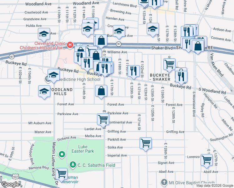 map of restaurants, bars, coffee shops, grocery stores, and more near 2917 East 117th Street in Cleveland