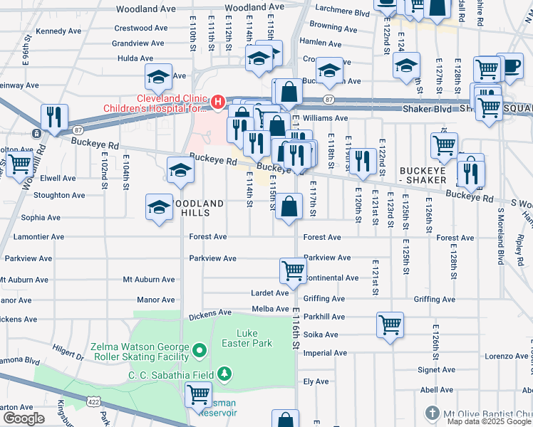map of restaurants, bars, coffee shops, grocery stores, and more near 2918 East 115th Street in Cleveland