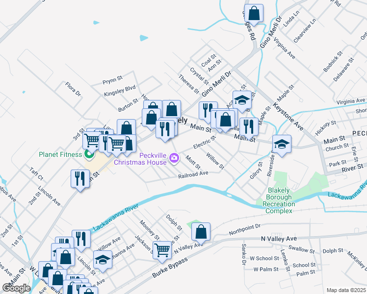 map of restaurants, bars, coffee shops, grocery stores, and more near 212-216 Josephine Street in Blakely