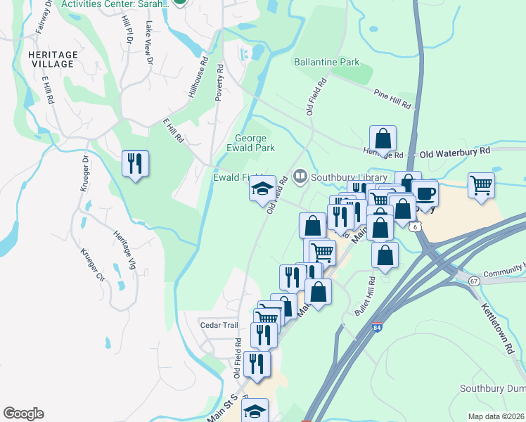 map of restaurants, bars, coffee shops, grocery stores, and more near 307 Old Field Road in Southbury