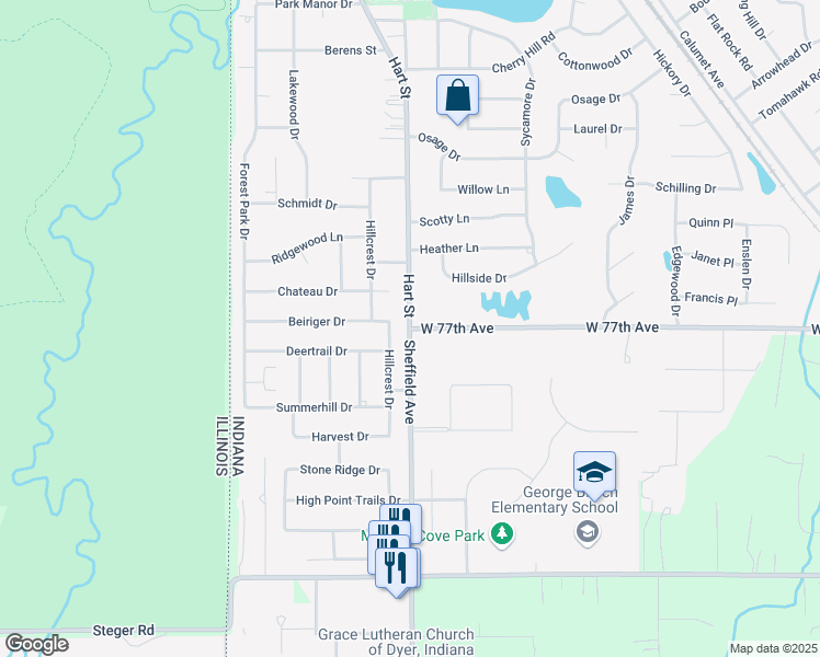 map of restaurants, bars, coffee shops, grocery stores, and more near 2971 Sheffield Avenue in Dyer