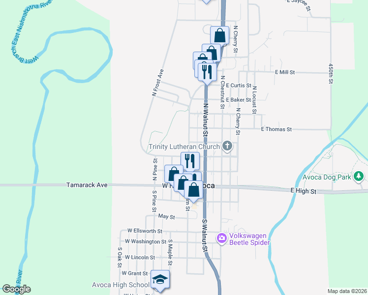 map of restaurants, bars, coffee shops, grocery stores, and more near 312 North Elm Street in Avoca