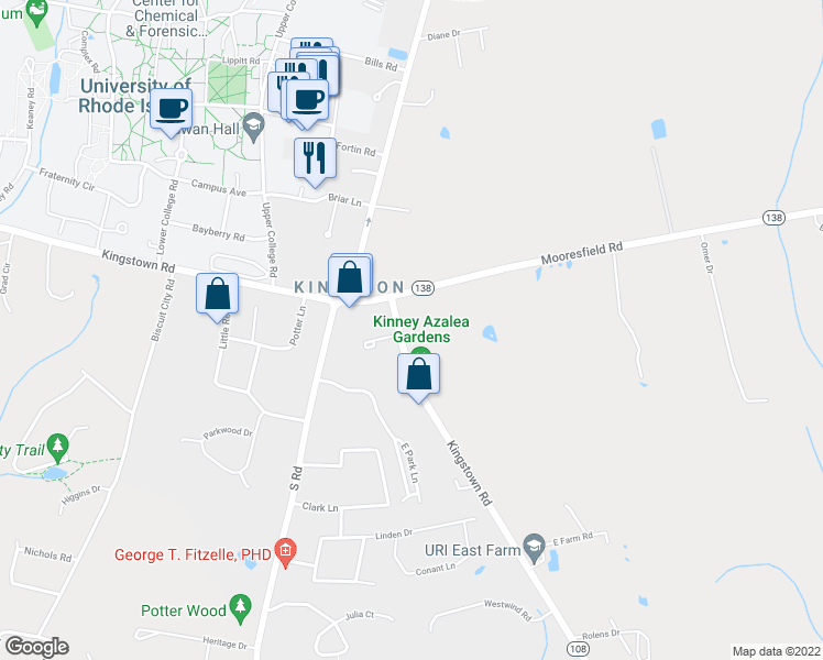 map of restaurants, bars, coffee shops, grocery stores, and more near 2453 Kingstown Road in South Kingstown