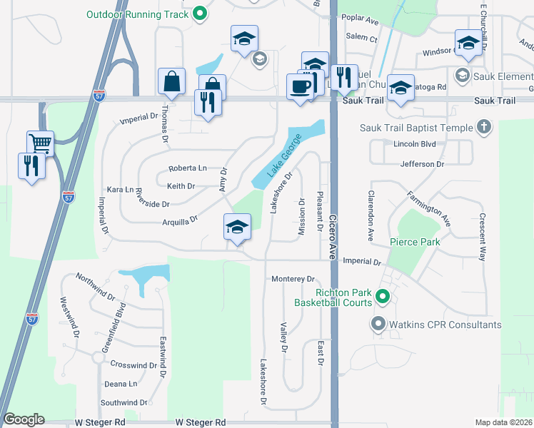 map of restaurants, bars, coffee shops, grocery stores, and more near 22554 Lakeshore Drive in Richton Park