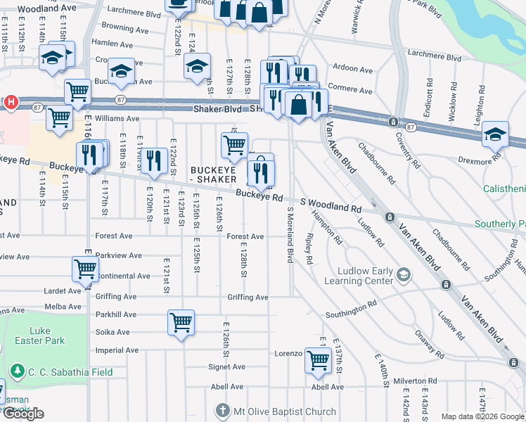 map of restaurants, bars, coffee shops, grocery stores, and more near 12904 Buckeye Road in Cleveland