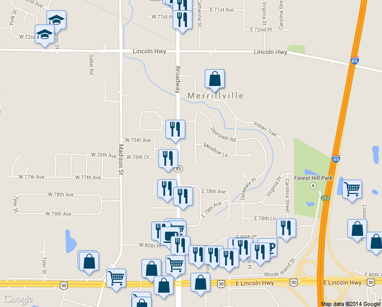 map of restaurants, bars, coffee shops, grocery stores, and more near 19 Sunset Road in Merrillville