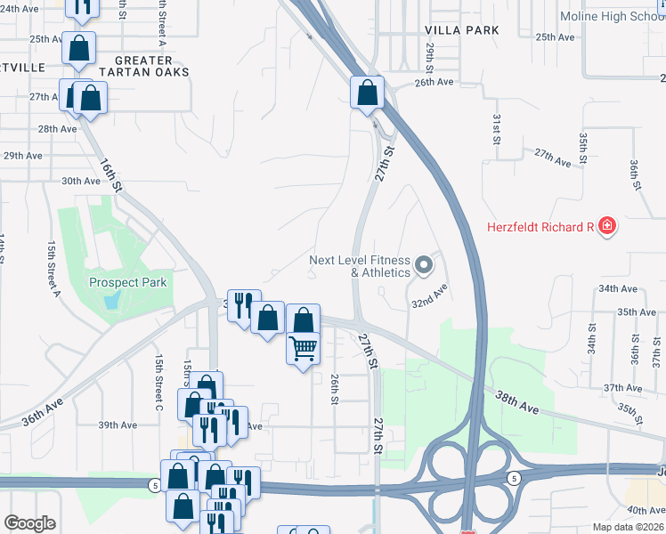 map of restaurants, bars, coffee shops, grocery stores, and more near 3200 26th Street in Moline