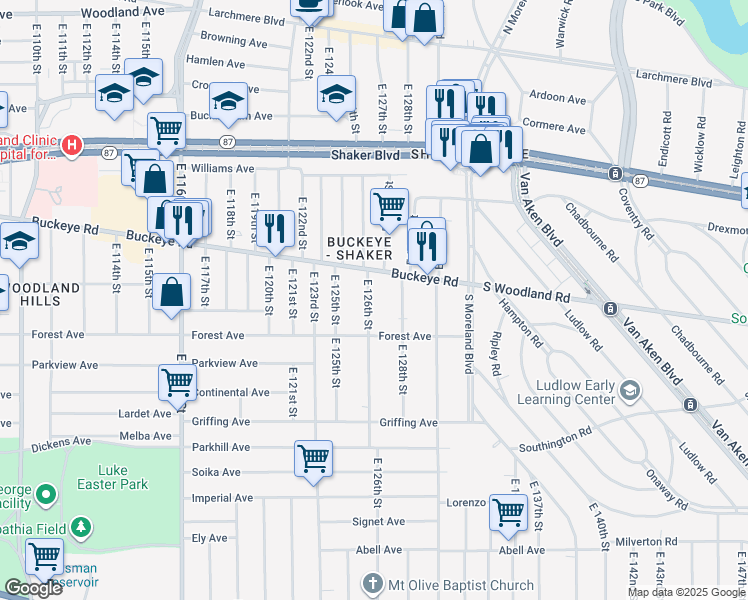 map of restaurants, bars, coffee shops, grocery stores, and more near 12704 Buckeye Road in Cleveland