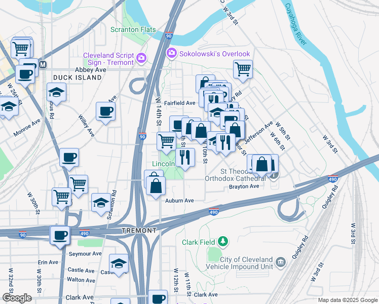 map of restaurants, bars, coffee shops, grocery stores, and more near 2421 West 11th Street in Cleveland