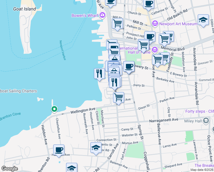 map of restaurants, bars, coffee shops, grocery stores, and more near 31 Coddington Wharf in Newport