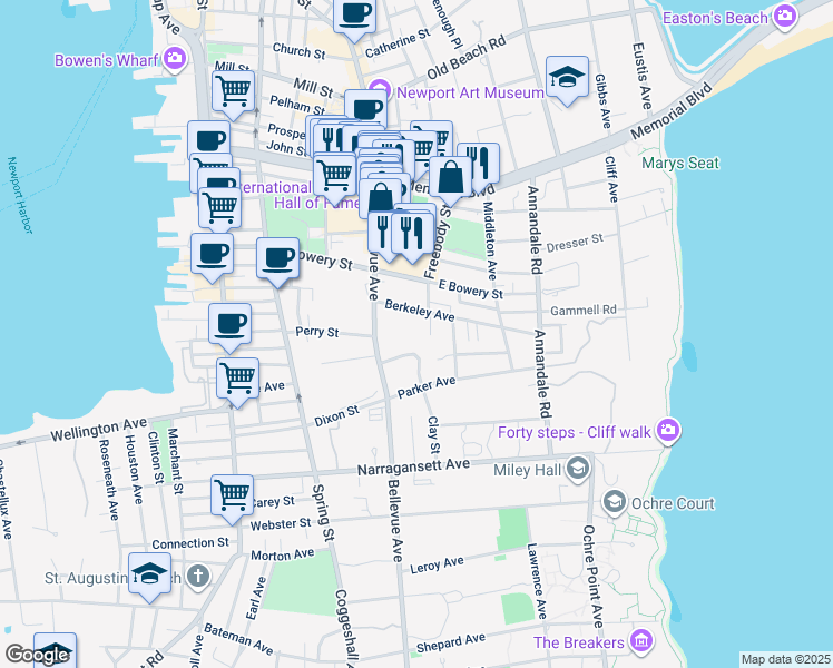 map of restaurants, bars, coffee shops, grocery stores, and more near 11 Berkeley Avenue in Newport