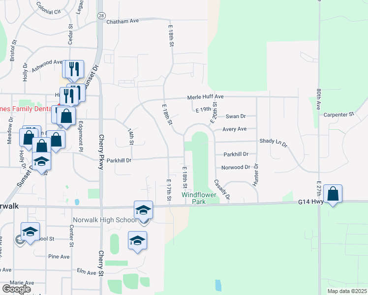 map of restaurants, bars, coffee shops, grocery stores, and more near East 18th Street in Norwalk