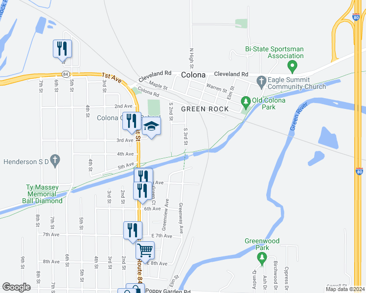 map of restaurants, bars, coffee shops, grocery stores, and more near 649 South 3rd Street in Colona