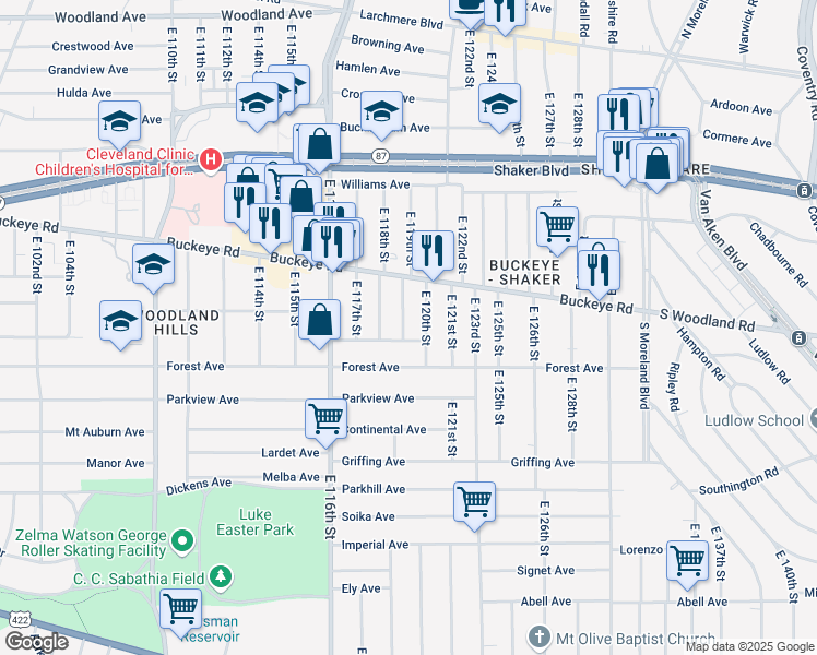 map of restaurants, bars, coffee shops, grocery stores, and more near 2915 East 119th Street in Cleveland