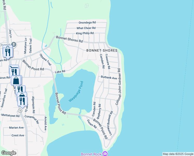 map of restaurants, bars, coffee shops, grocery stores, and more near 3 Branch Rd in Narragansett