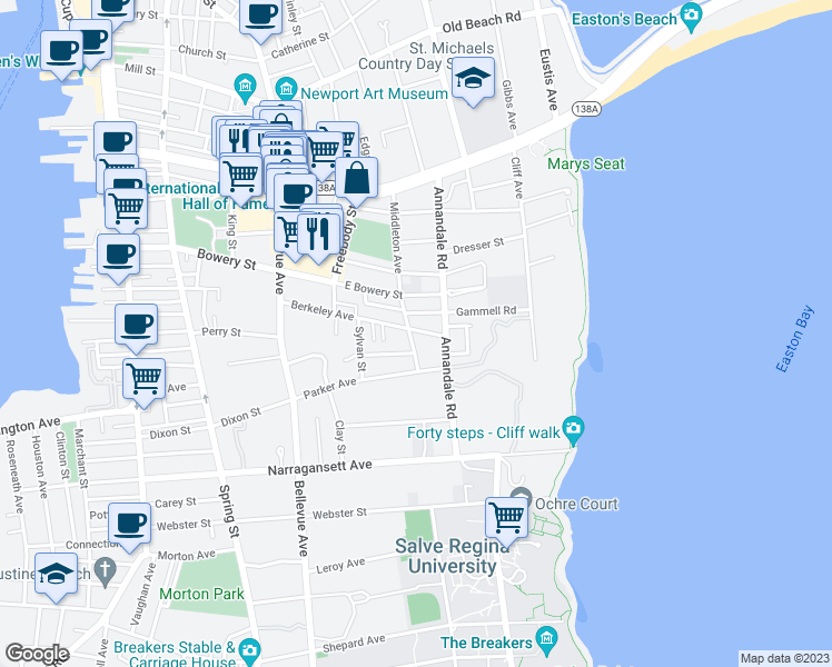 map of restaurants, bars, coffee shops, grocery stores, and more near 52 Berkeley Avenue in Newport