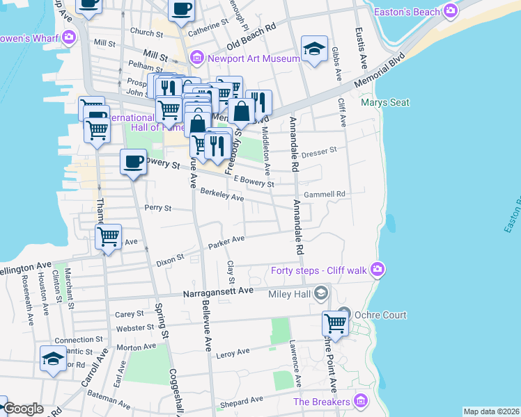 map of restaurants, bars, coffee shops, grocery stores, and more near 52 Berkeley Avenue in Newport