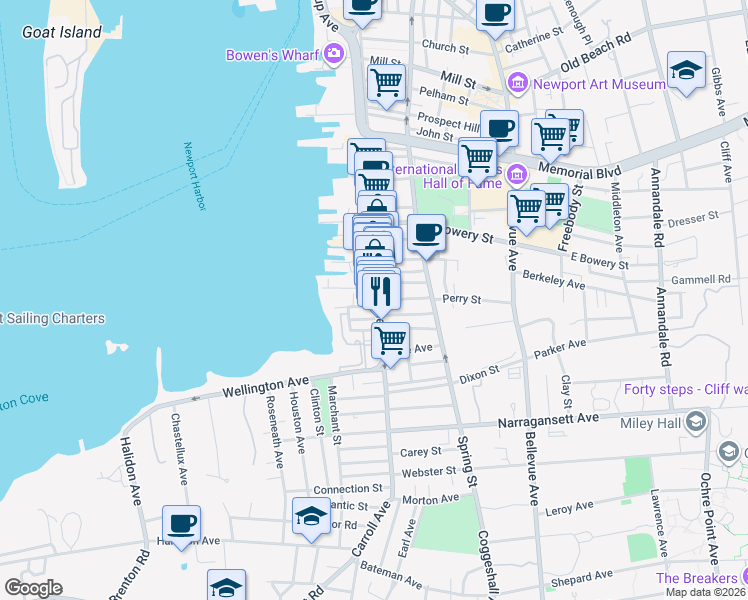 map of restaurants, bars, coffee shops, grocery stores, and more near 501 Thames Street in Newport