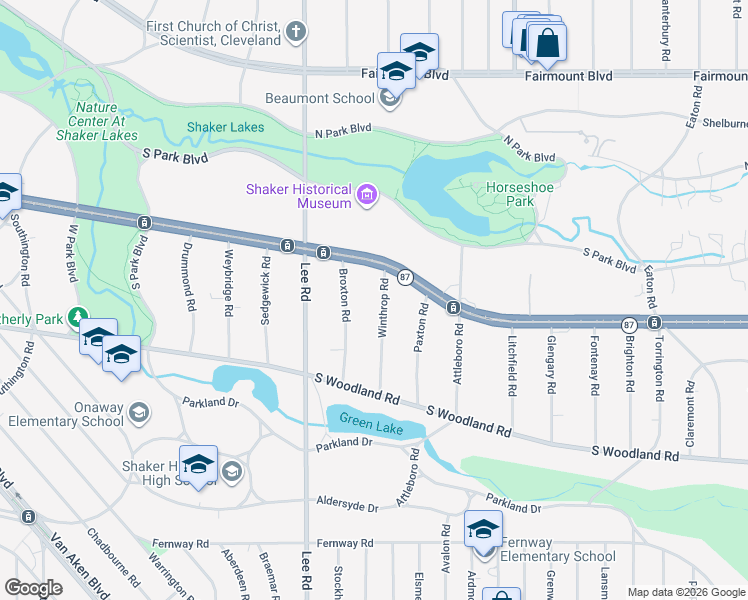 map of restaurants, bars, coffee shops, grocery stores, and more near 2842 Winthrop Road in Shaker Heights