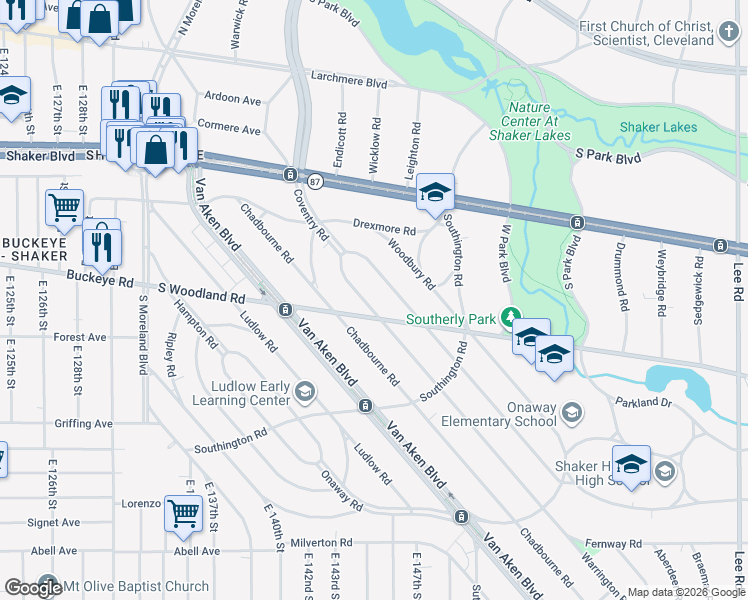 map of restaurants, bars, coffee shops, grocery stores, and more near 2904 Huntington Road in Shaker Heights