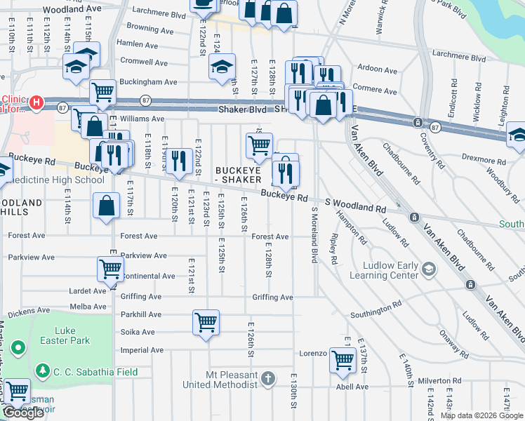map of restaurants, bars, coffee shops, grocery stores, and more near 12704 Buckeye Road in Cleveland