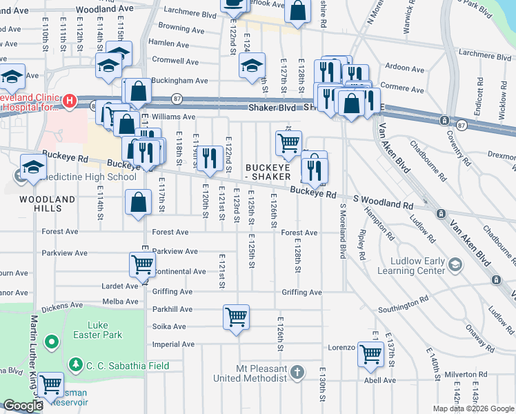 map of restaurants, bars, coffee shops, grocery stores, and more near 2912 East 126th Street in Cleveland