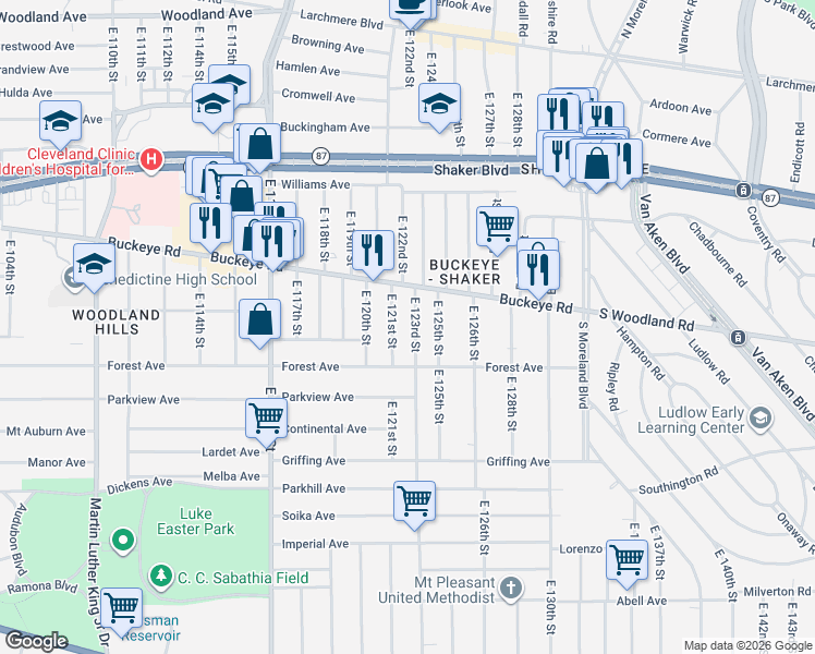 map of restaurants, bars, coffee shops, grocery stores, and more near 2915 East 123rd Street in Cleveland
