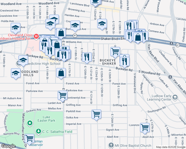 map of restaurants, bars, coffee shops, grocery stores, and more near 2914 East 121st Street in Cleveland