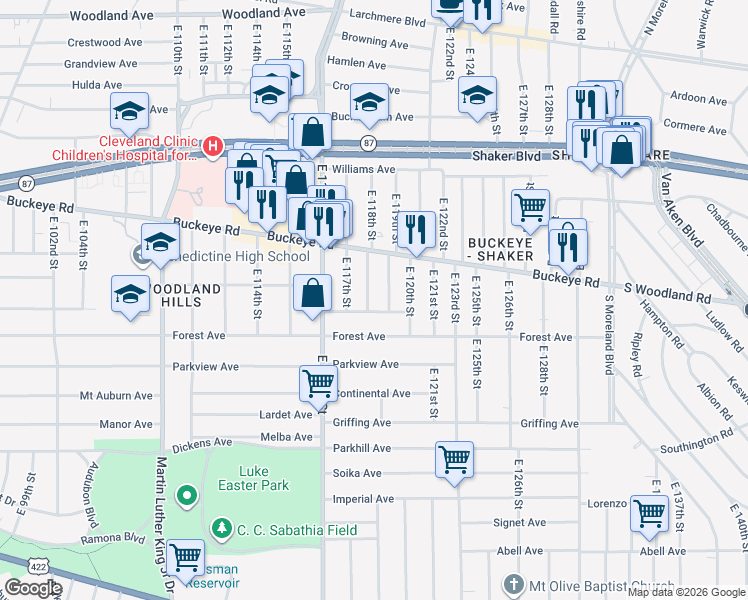 map of restaurants, bars, coffee shops, grocery stores, and more near 2915 East 119th Street in Cleveland