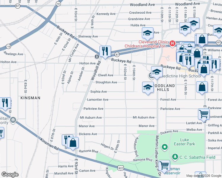 map of restaurants, bars, coffee shops, grocery stores, and more near 9820 Stoughton Avenue in Cleveland