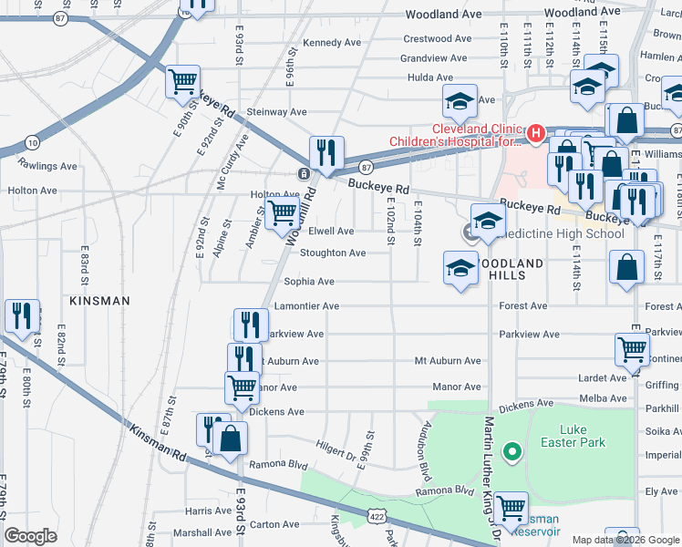 map of restaurants, bars, coffee shops, grocery stores, and more near 9820 Stoughton Avenue in Cleveland