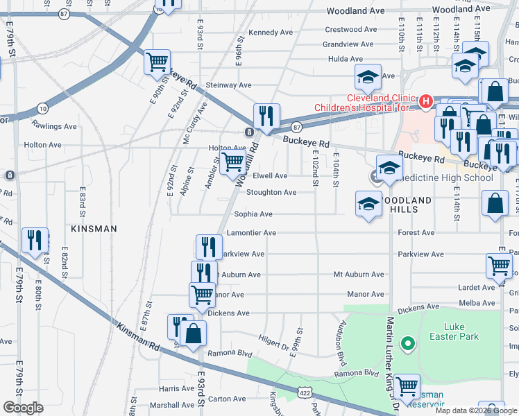 map of restaurants, bars, coffee shops, grocery stores, and more near 9706 Stoughton Avenue in Cleveland