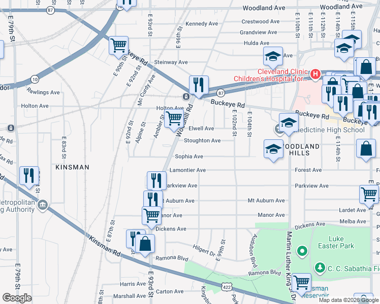 map of restaurants, bars, coffee shops, grocery stores, and more near 9706 Stoughton Avenue in Cleveland