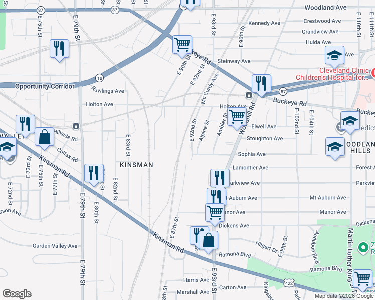 map of restaurants, bars, coffee shops, grocery stores, and more near 2914 East 92nd Street in Cleveland