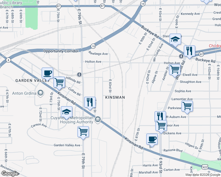 map of restaurants, bars, coffee shops, grocery stores, and more near 2925 East 83rd Street in Cleveland