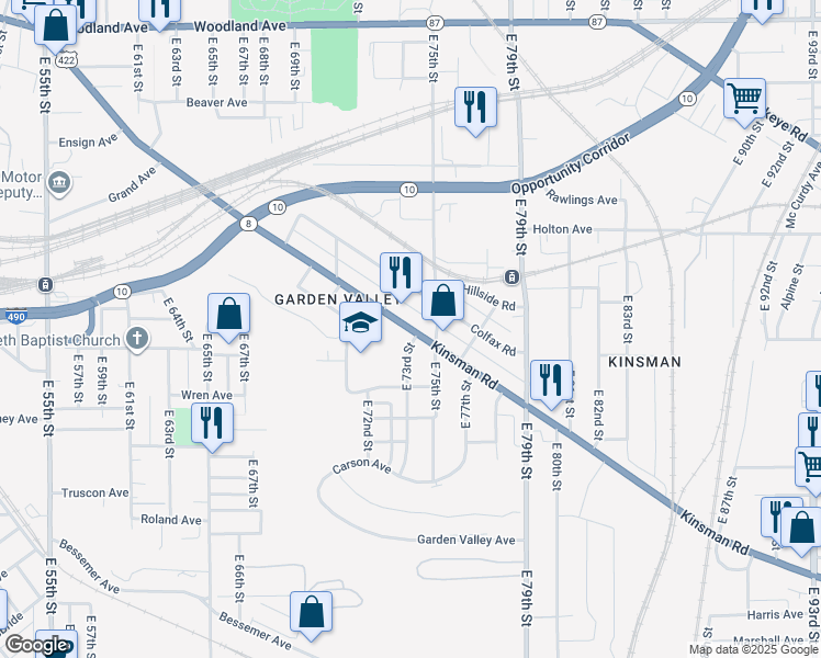 map of restaurants, bars, coffee shops, grocery stores, and more near 7201 Kinsman Road in Cleveland