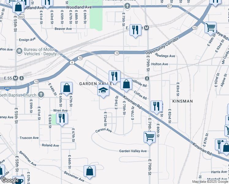map of restaurants, bars, coffee shops, grocery stores, and more near 7201 Kinsman Road in Cleveland