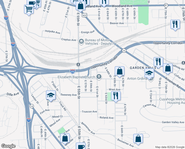map of restaurants, bars, coffee shops, grocery stores, and more near 2908 East 59th Street in Cleveland