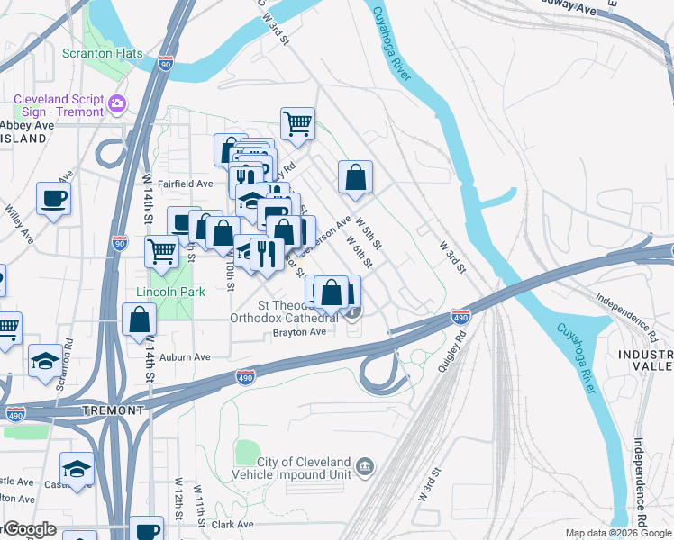 map of restaurants, bars, coffee shops, grocery stores, and more near 2464 West 7th Street in Cleveland