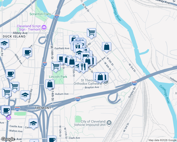 map of restaurants, bars, coffee shops, grocery stores, and more near 846 Jefferson Avenue in Cleveland