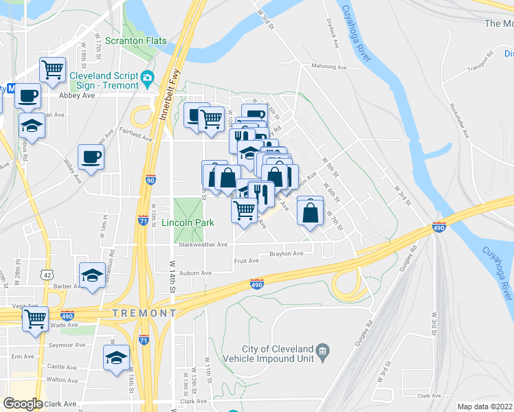 map of restaurants, bars, coffee shops, grocery stores, and more near 846 Jefferson Avenue in Cleveland